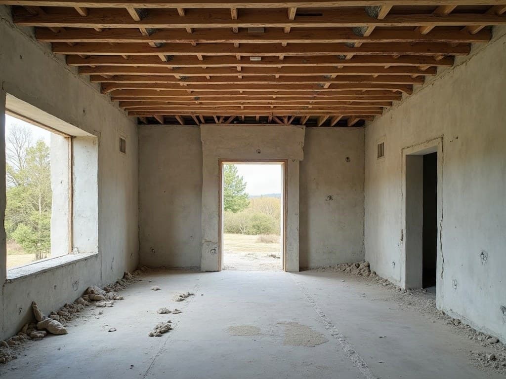 Intérieur d'une maison entièrement curée, murs et charpente nus, sol dégagé, lumière naturelle par les ouvertures sans menuiserie