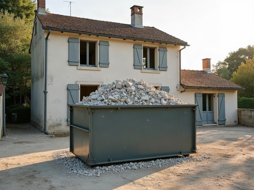 Benne de chantier en acier remplie de gravats de béton triés, posée devant un pavillon en crépi clair intact, en Limousin