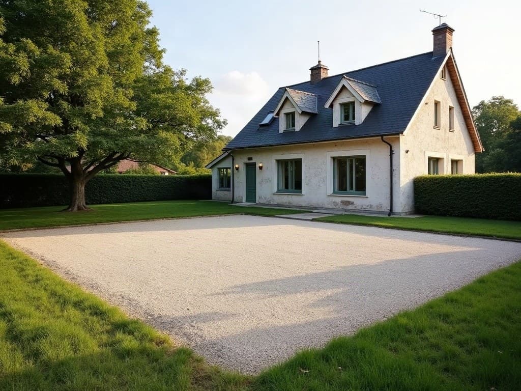 Maison individuelle intacte à côté d'une large emprise en gravier fraîchement nivelée, à l'emplacement d'un ancien garage
