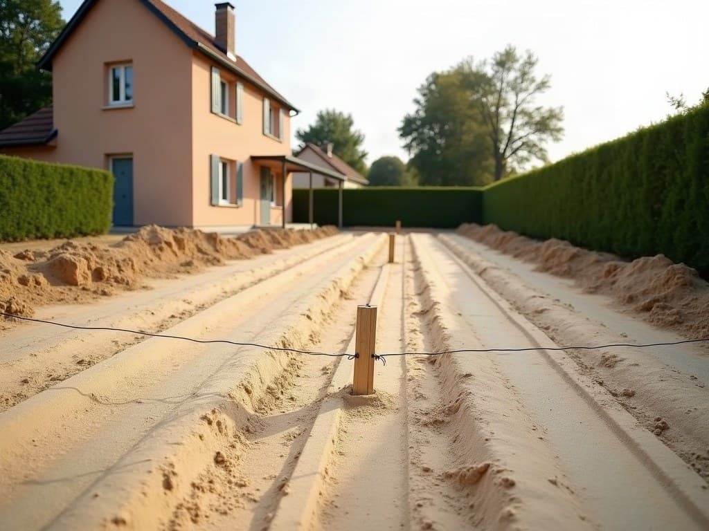 Terrain nivelé en terre damée avec un cordeau tendu sur des piquets de bois, en bordure d'un pavillon voisin